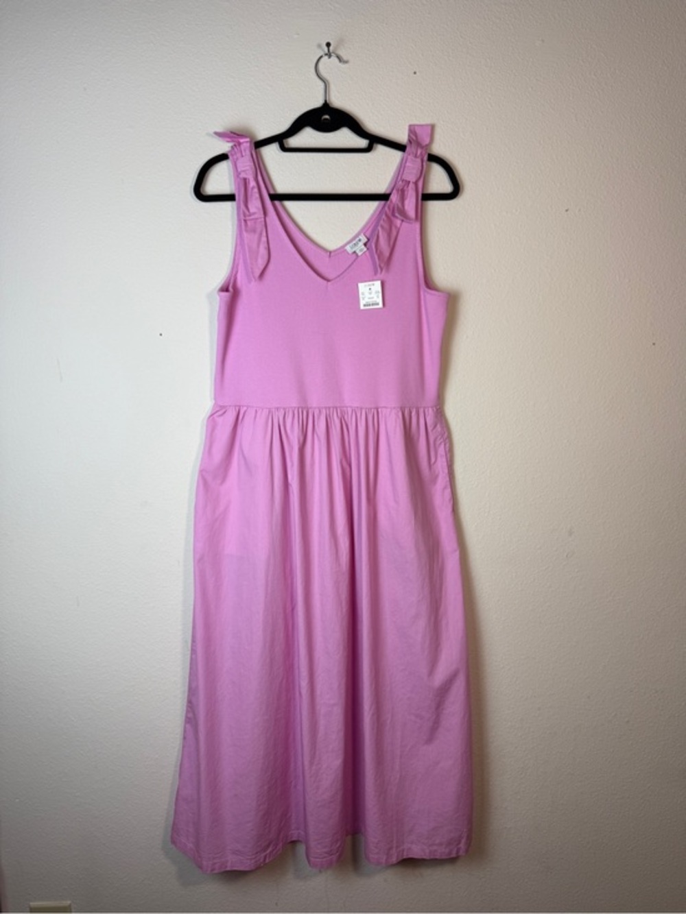 J.CREW Pink Knit Cotton Modal Mixed Media Midi Dress Tie Straps Pockets XL NEW